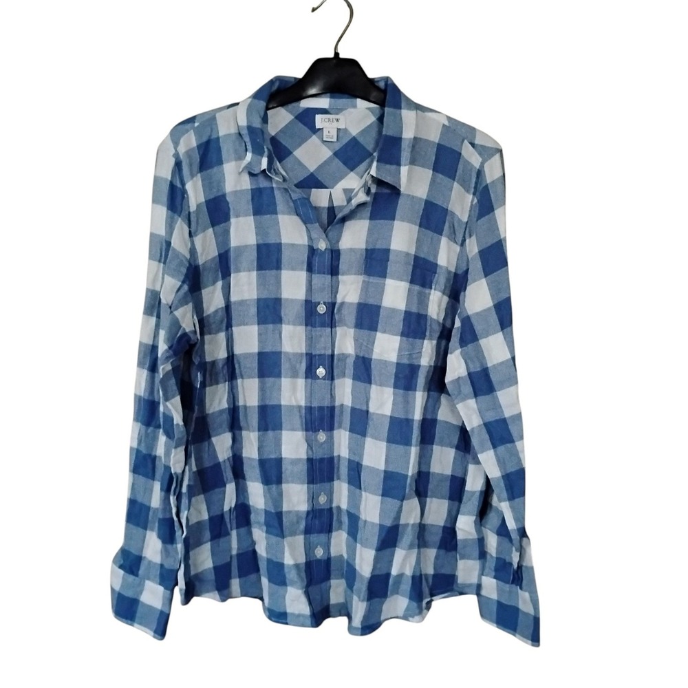 J.Crew Womens Blue White Buffalo Check Plaid Cotton Button Down Shirt Size L